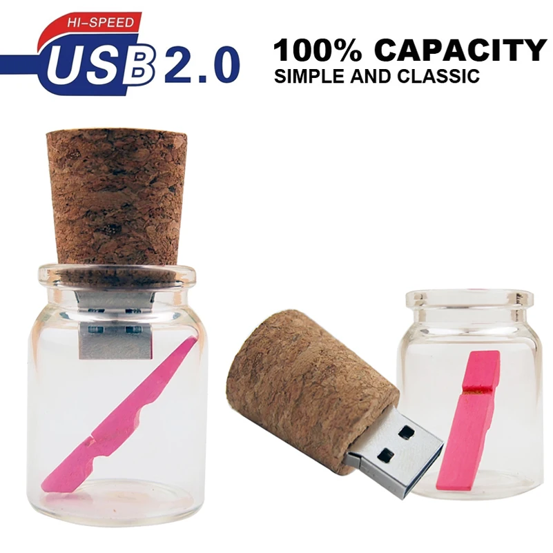 50PCS/LOT Free LOGO Glass Bottle USB 2.0 Flash Drive 4G 8G 16GB 32GB 64GB 128GB Pen Drive Photography Gifts Memory Stick U Disks