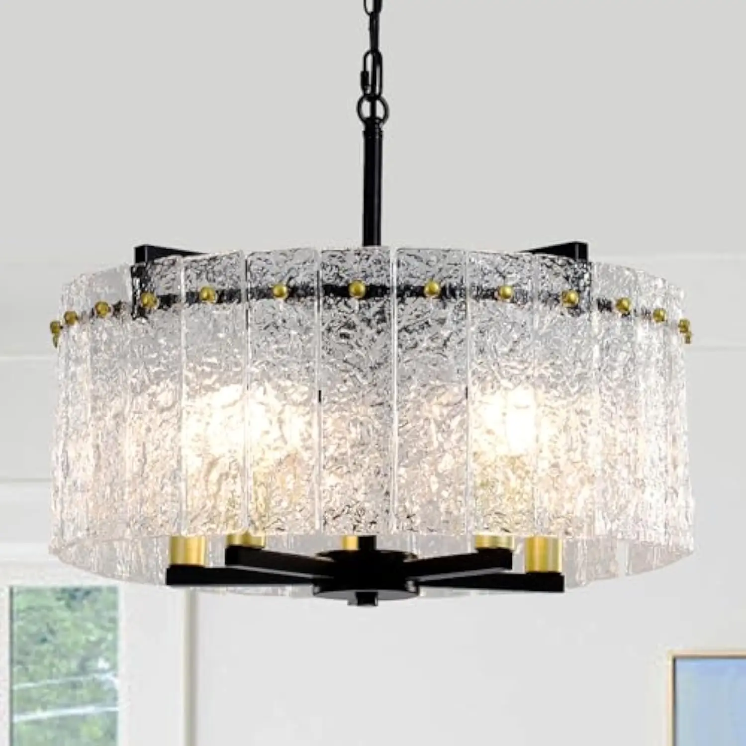 

Modern Black Crystal Chandeliers for Dining Room, 5 Light Round Glass Drum Chandelier over Table, Luxury Water Ripple Glass Lig