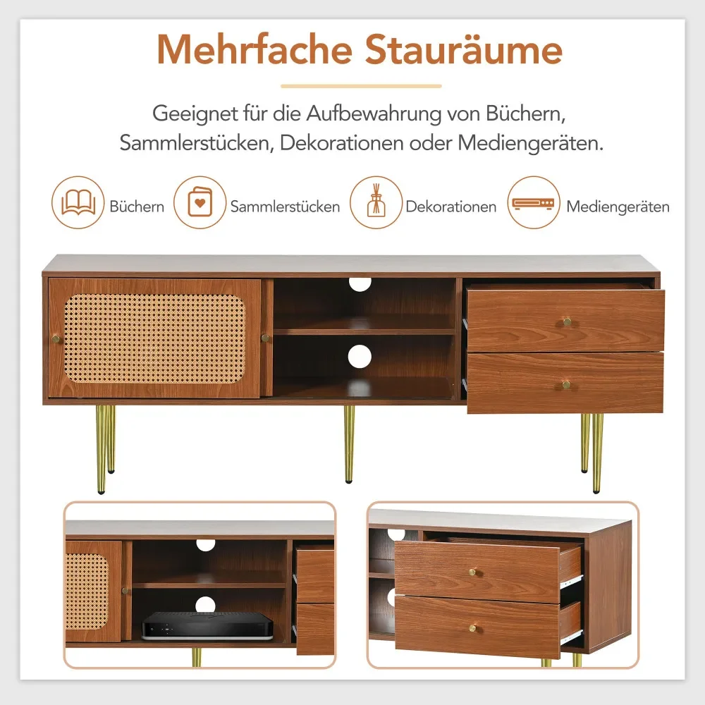 Stilvoller TV-Ständer aus Walnussholz mit 2 Rattan-Schiebetüren und praktischen Schubladen aus dunklem Kunststoff und Rattan – Detail 7