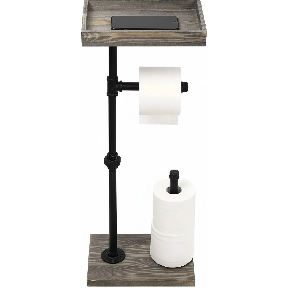 

Vintage Gray Wood Metal Pipe Toilet Paper Holder Stand with Storage Shelf Rustic Bathroom Organizer