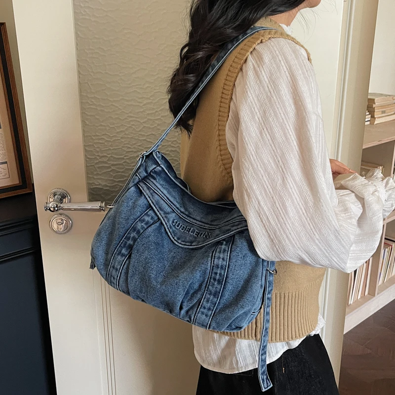 

Джинсовая сумка с рюшами, винтажная сумка через плечо, сумка-мессенджер из денима, сумка Y2K, студенческая экосумка, корейская сумка-шоппер, дизайнерская сумка