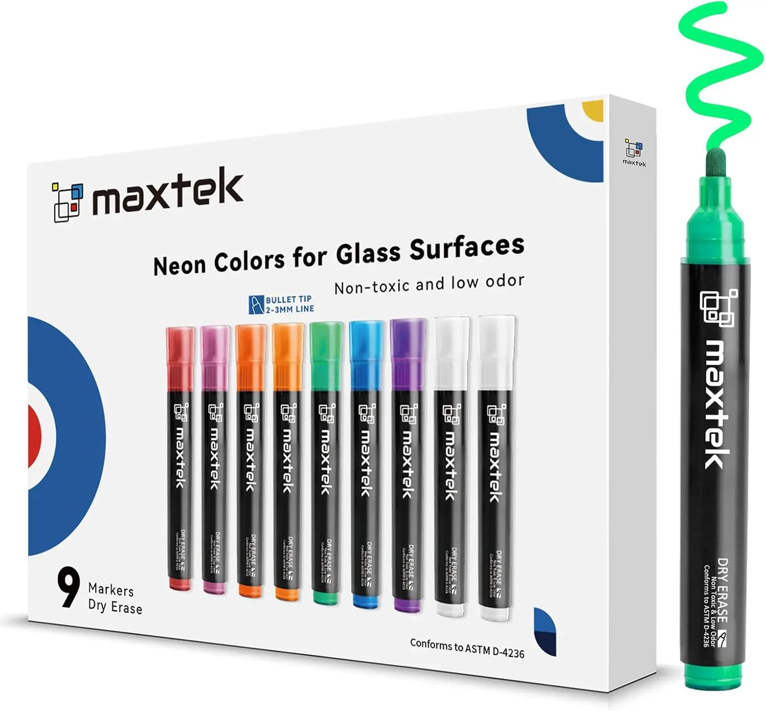 

Neon Dry Erase Markers for Glass, Window, Board - 9 Count, Low Odor