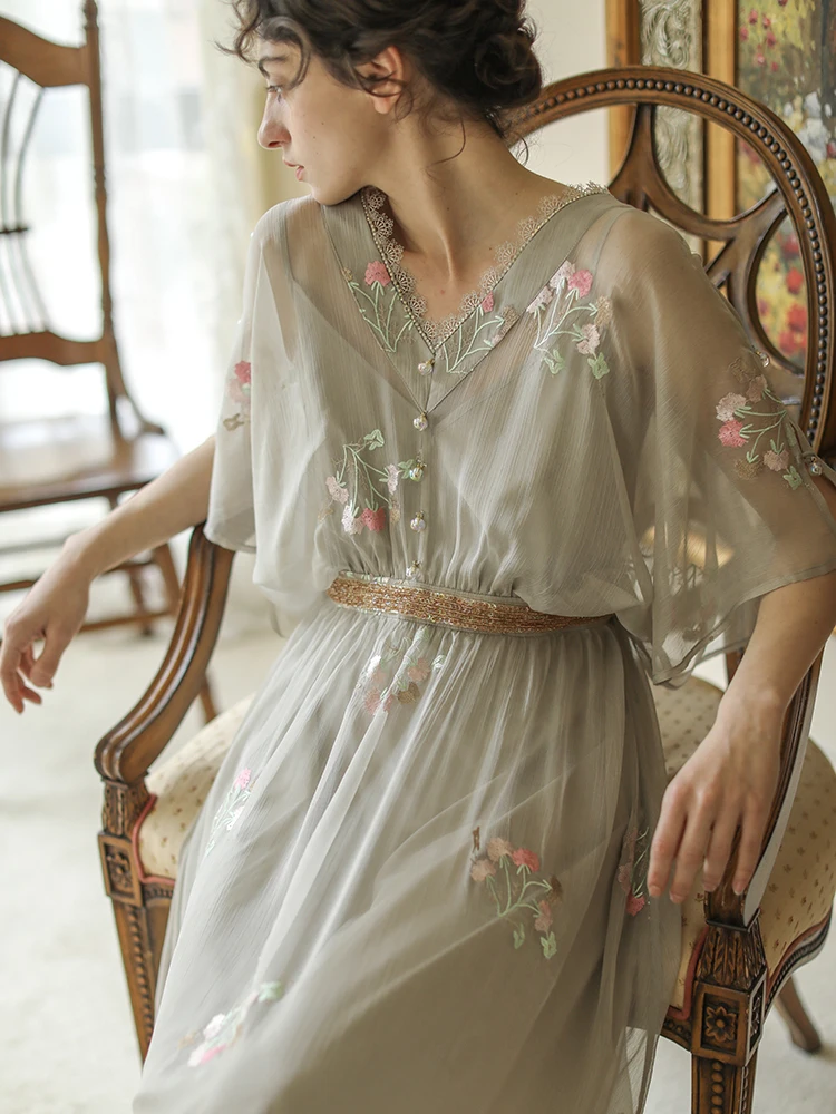 Summer Original Design Women Mori Kei Sweet Floral Embroidery Beading Vintage V-neck Grey Dresses