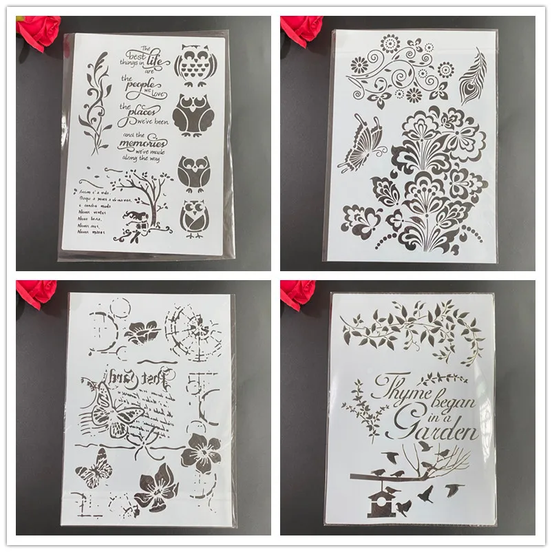 

4pcs / set A4 Mandala butterfly bird Stencils Painting Coloring Embossing Scrapbook Album Decorative Template cake stencils