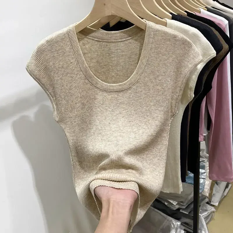 

Thin U-neck Short Sleeve Ice Silk Knit T-shirt Women's Spring Summer 2025 New Slim Half Sleeve Base Layer Top