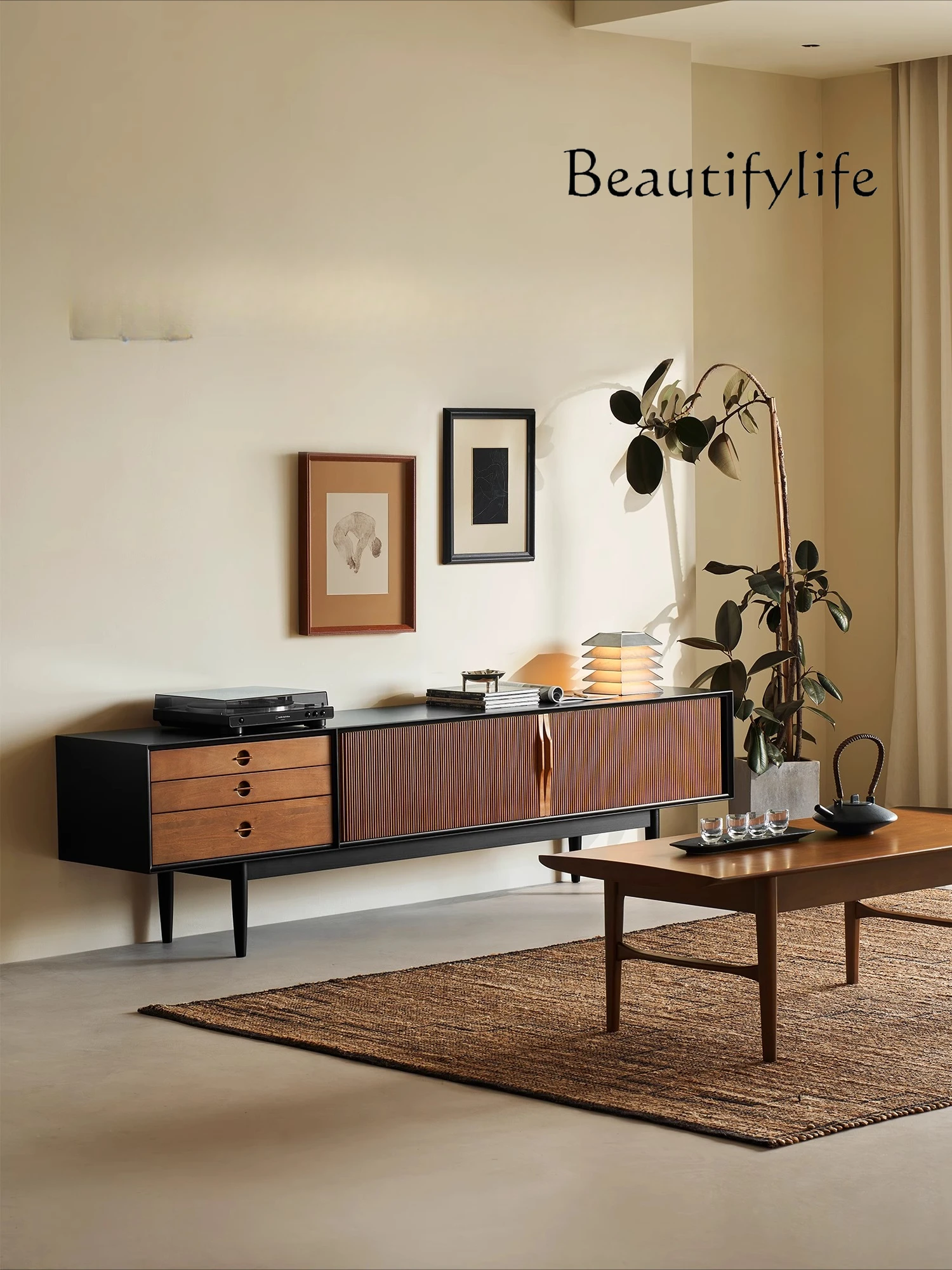 

X Slow TV Cabinet Black Solid Wood Small Apartment Living Room Household Retro Medieval TV Cabinet