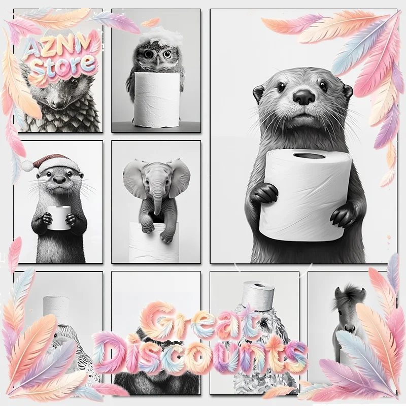 2026 Black and White Animal Bathroom Poster Owl Christmas Countdown Otter Prints Canvas Painting Wall Art Picture Home Bathroom 