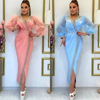 تخصيص رائعة البريق جيرسي الديكور الطية Ruched حفلة موسيقية غمد الخامس الرقبة مفصل مناسبة ثوب فساتين متوسطة الطول