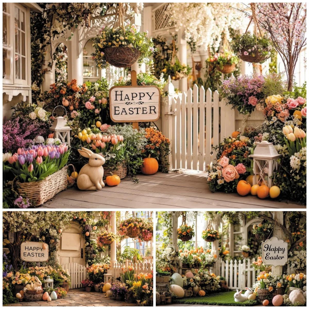 

Happy Easter Photography Backdrop Bunny Pumpkin Lantern Easter Party Spring Theme Celebration Children Portrait Decor Background