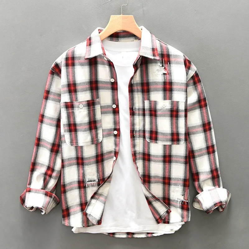 

Осень 2024, новая винтажная клетчатая рубашка, мужская японская повседневная мужская рубашка с длинным рукавом, 4XL, свободная рубашка с двойными карманами, молодежная модная одежда