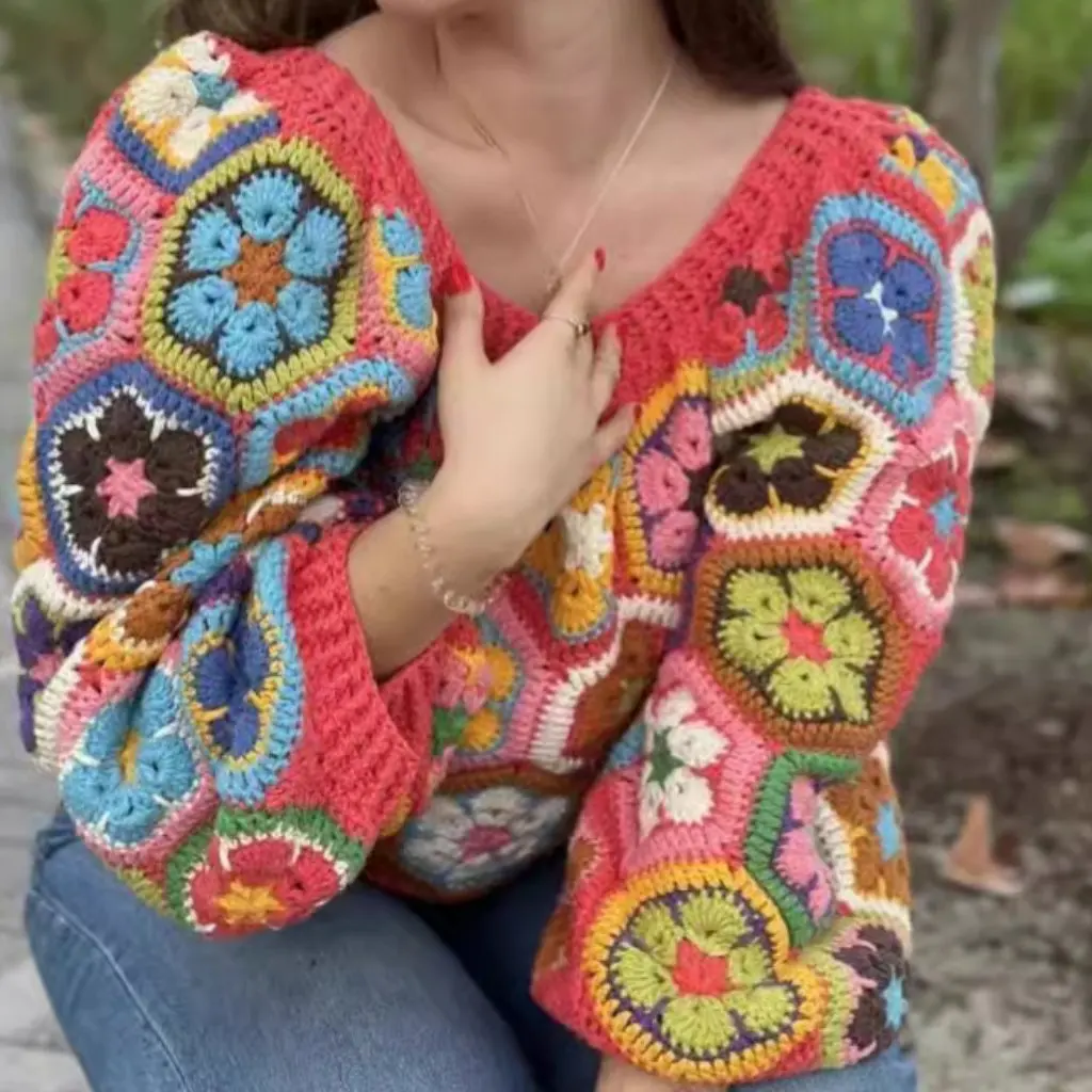 

Women's Handmade Crocheted Sweater Loose Crewneck Short Blouse Autumn European American Style Hot Girls Fashion