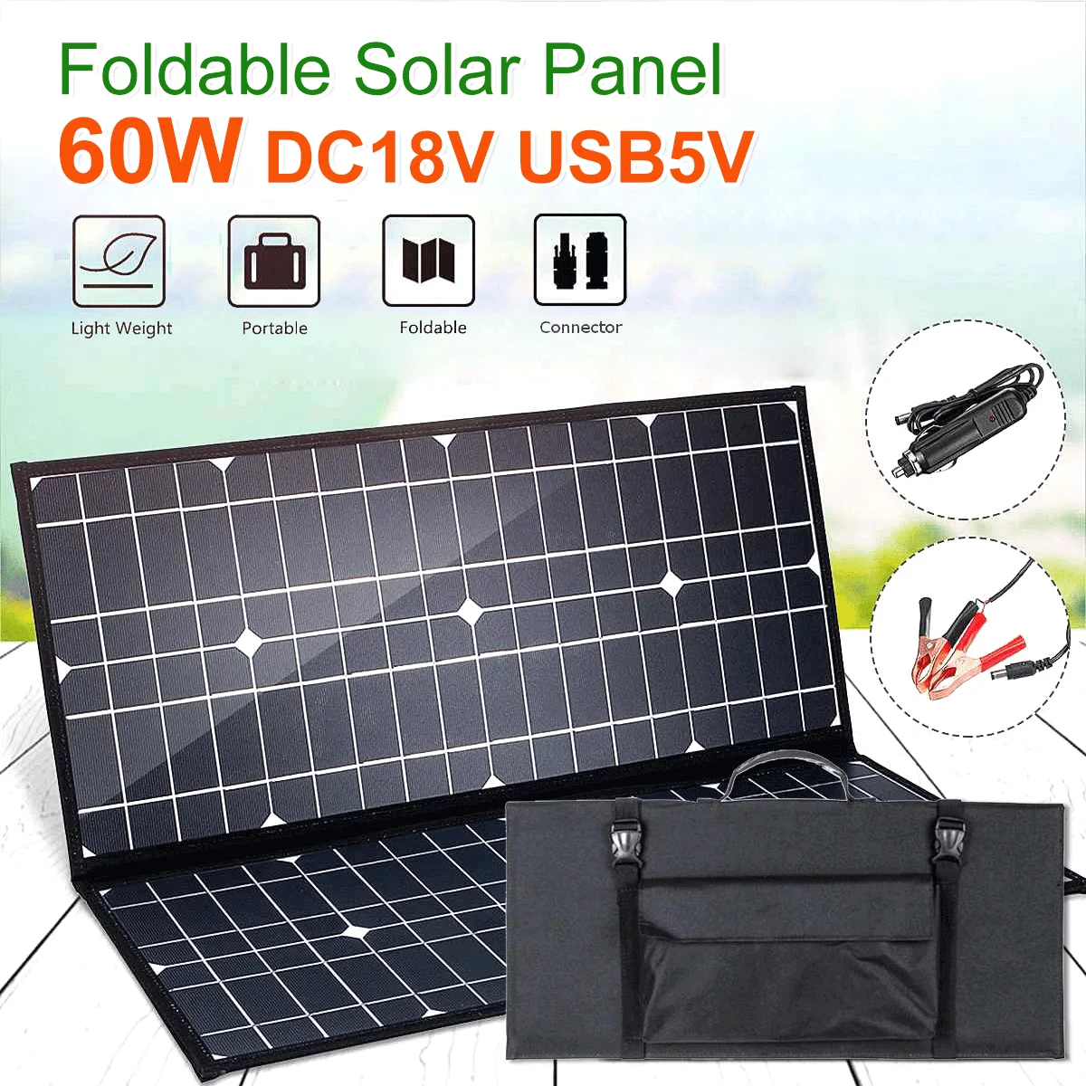 60W Solar Panel 2 Folded Package 18V DC 5V USB Black Solar Cells Photovoltaic Plate Outdoor Power Supply Solar Charging Treasure