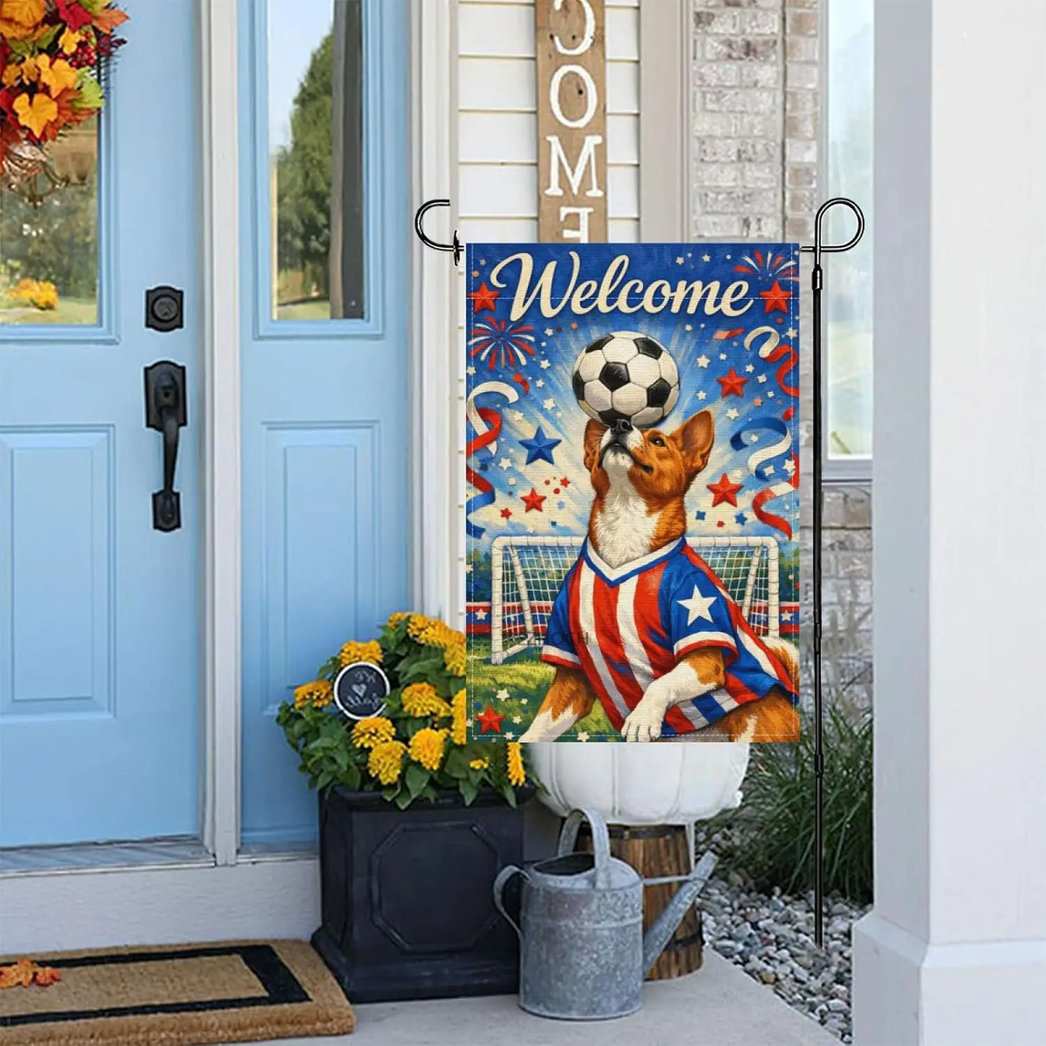 Welcome Funny Basenji Dog Garden Flag 12x18Inch,Boho American Red White Blue Outdoor Yard Decor,Soccer Animal Festive Stars  AAS