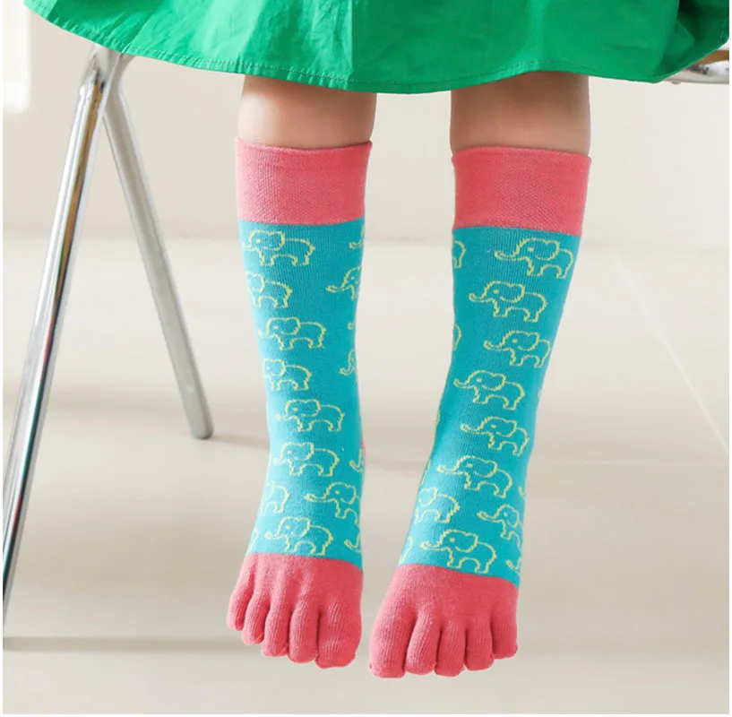3 Pairs Long Tube Children Cartoon Calf Socks with Toes Cute Dog Cat Squirrel Animals Sock Kids Pure Cotton 5 Fingers Toe Socks