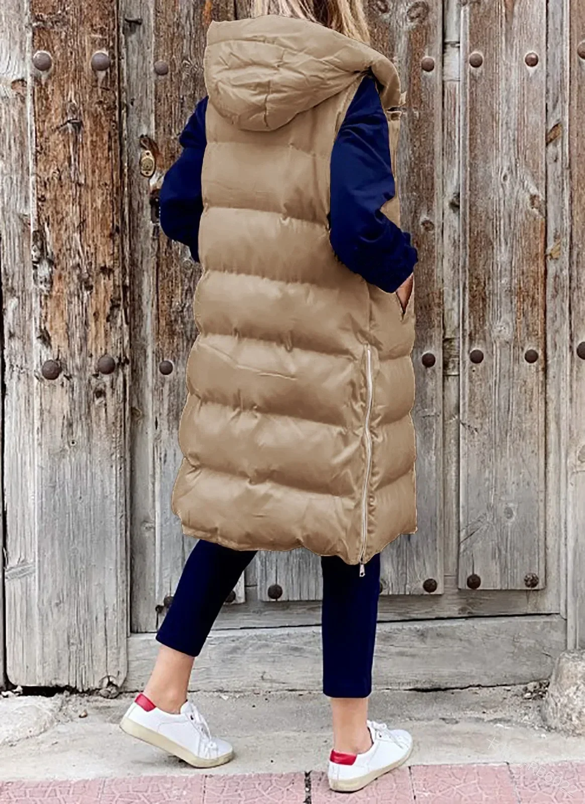 Women Coat Solid Color Hooded Long Cotton-padded Jacket Vest, Casual Fashion Single-breasted Pocket Solid Color Autumn Winter