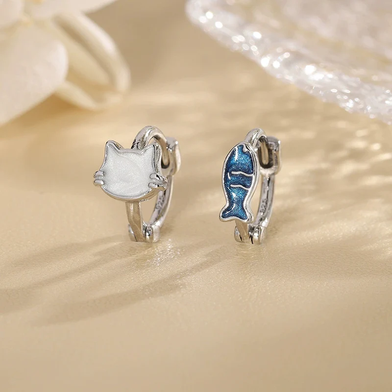 Blue White Cat Fish Ear Buckle Cute New Style Earrings with Ocean Theme Ear Jewelry Asymmetric Earrings For Women KOFSAC