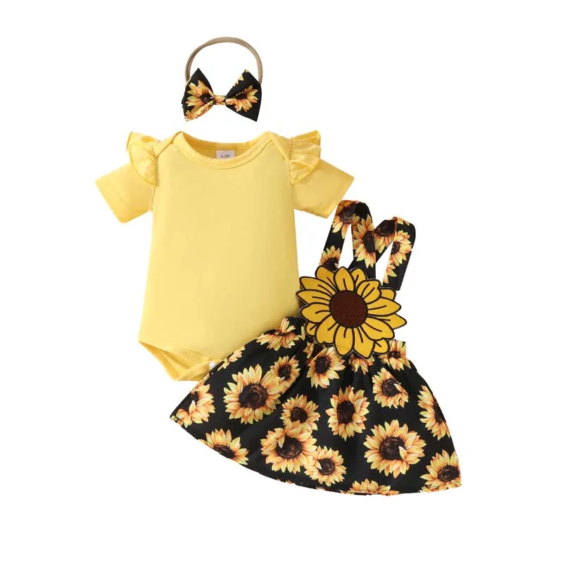 

Summer 0-18 Months Newborn Baby Girl Sets Clothes Short Sleeve Yellow Bodysuit Tops Sunflower Suspender Dress Hairband 3Pcs Sets