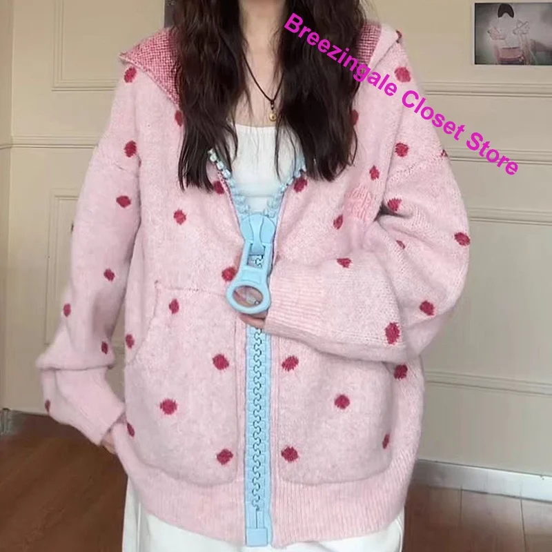 American Retro Hooded Zipper Polka-dot Contrast Sweater Women's Autumn and Winter New Loose Casual Hoodie Casual Joker Coat Top 2