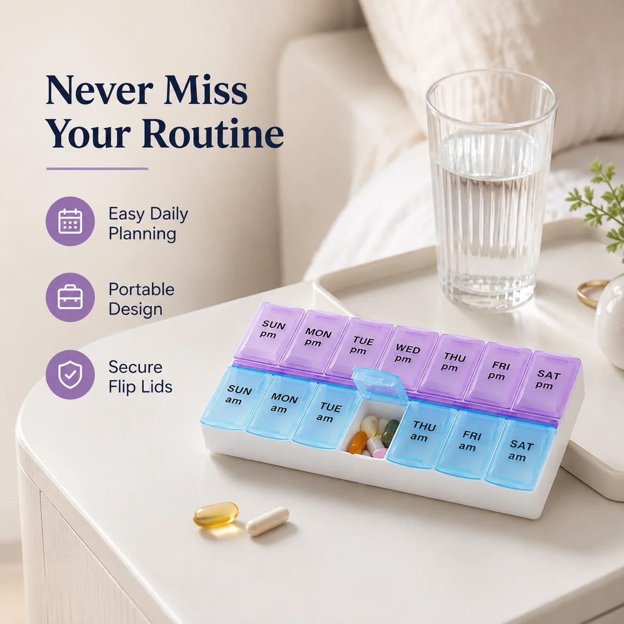 14 Compartment Pill Organizer Box, 7-Day AM PM Weekly Medicine Dispenser, Portable Travel Vitamin Case