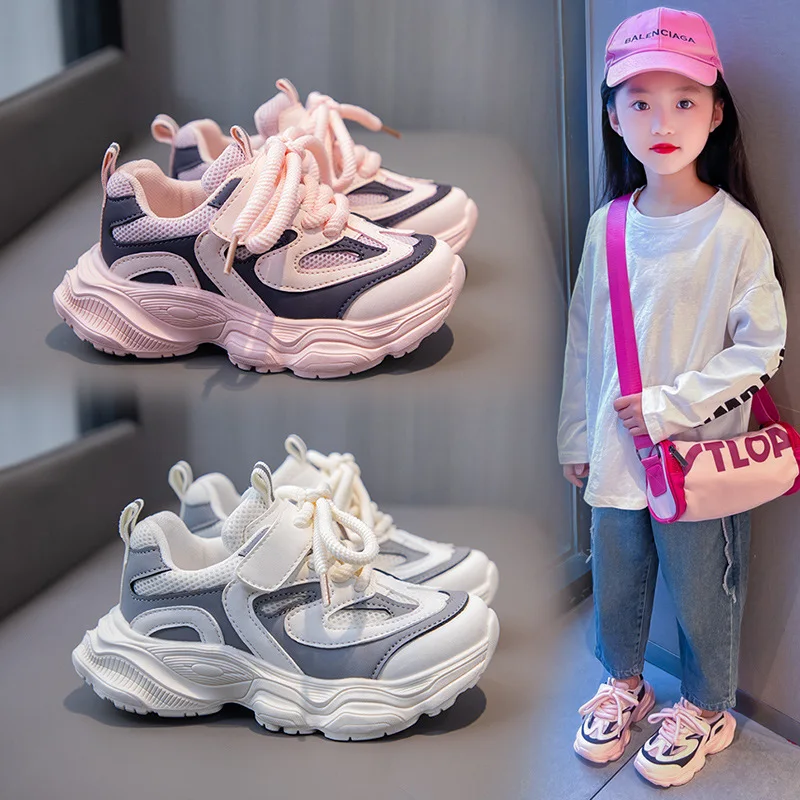 Korean Style Children's Sports Shoes 2024 Spring New Girls Korean Style Mesh Lace Up Sneakers for Boys Versatile Casual Shoes