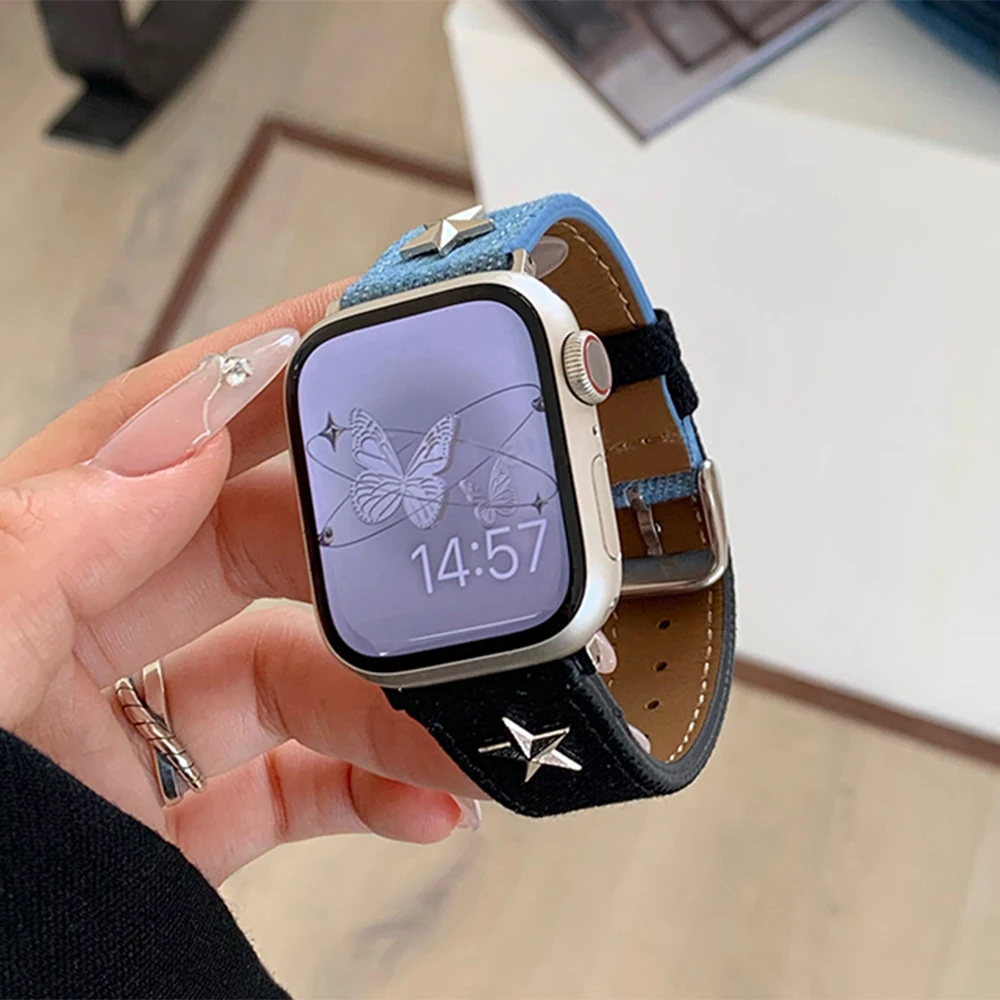 Y2K Denim Star Strap For Apple Watch Series 10 9 SE Ultra 2 Band Stylish Girl Bracelet For 38mm 40mm 41mm 42mm 44mm 46mm 49mm