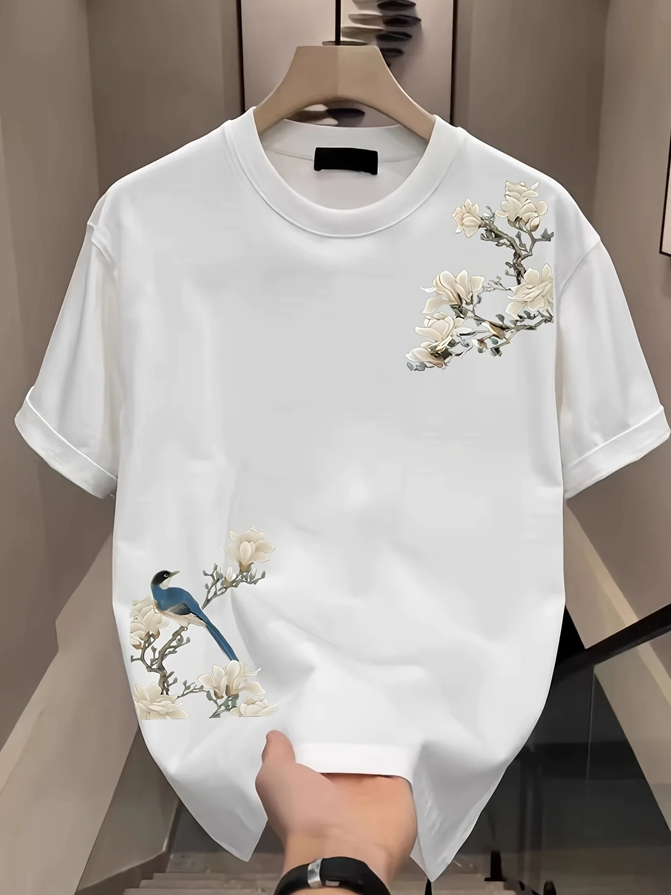 Traditional Chinese Painting Magnolia Magpie Printed Mens 100% Cotton T-shirt Asymmetric Corner Print Oriental Aesthetic Short S