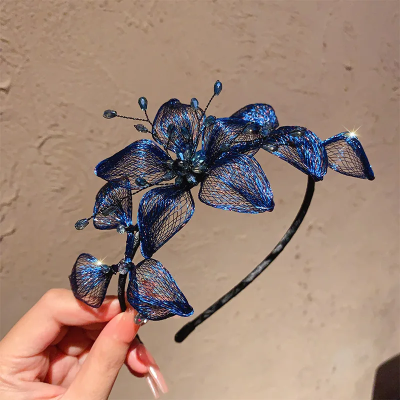 Vintage Soft Elegant High-End Crystal-Inlaid Metal Wire Flower Hairband Hairpin Fashion Personality Headband Hair Accessory