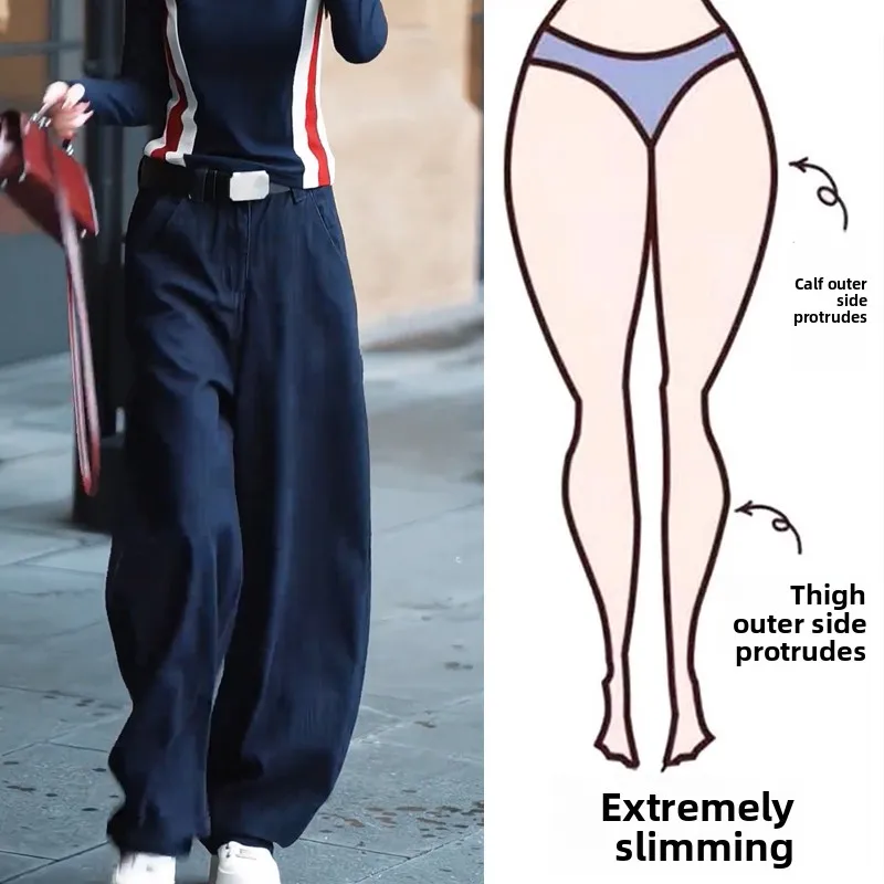 

Женские брюки в американском стиле больших размеров с высокой талией, прямые, свободного кроя, темно-синие, повседневные, с широкими штанинами