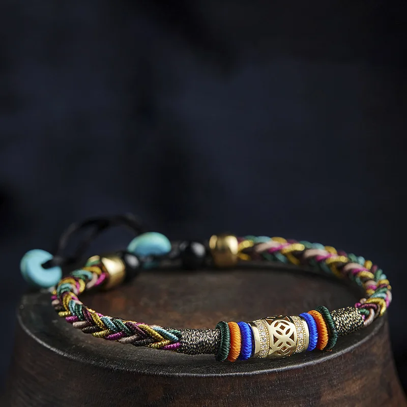 

Tibetan Vajra Knot Colorful Bracelet, Handmade Lucky Cord with Turquoise Gold Charm, Amulet, Adjustable Gift for Him Her