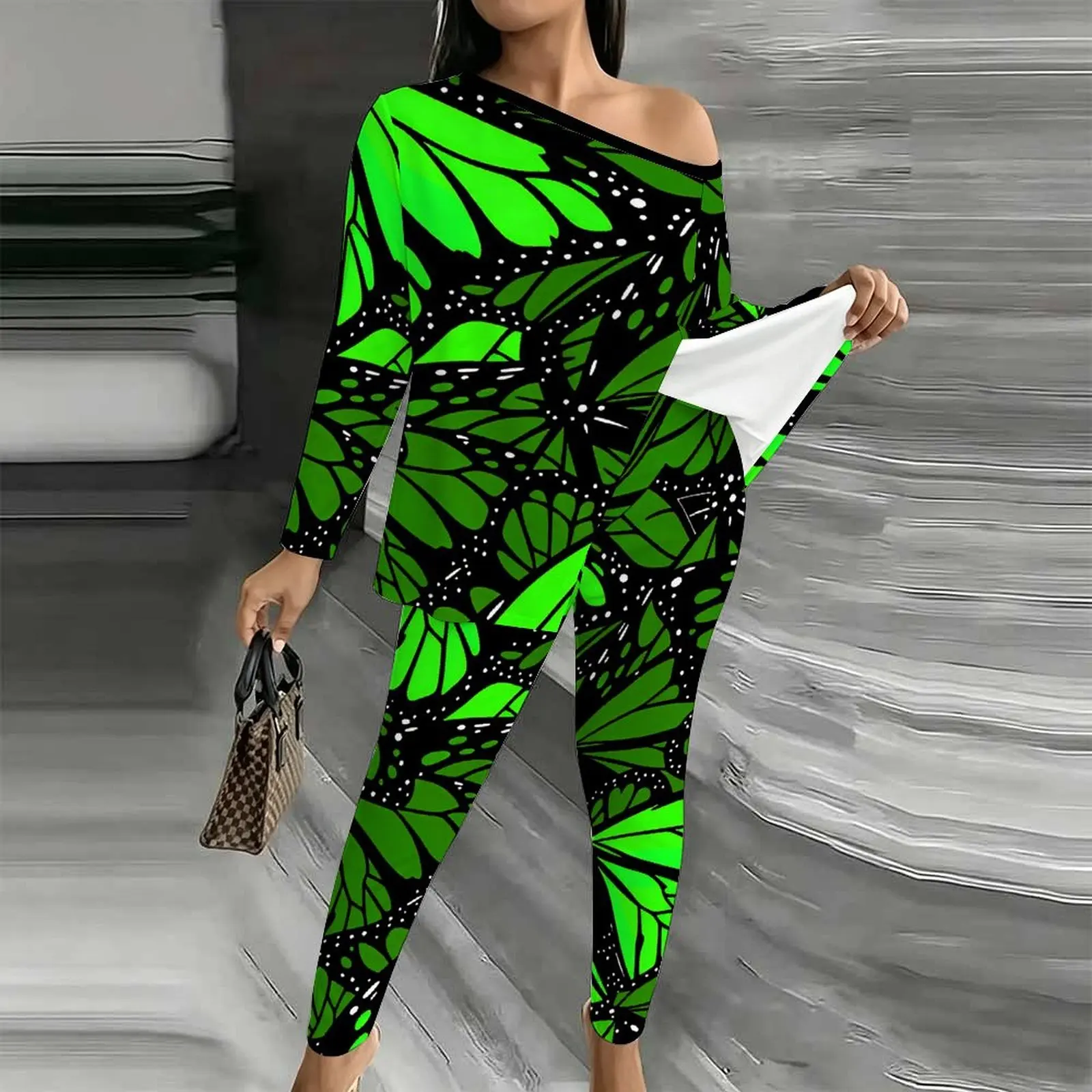 Off Shoulder T-shirt Autumn Elegant Two-piece Set Winter Diagonal Collar Long Sleeved Women's Fashion Printed Jogging Pants