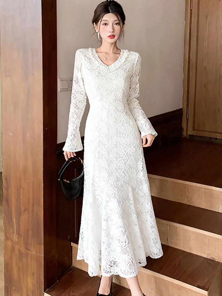 الخريف الشتاء الأبيض الدانتيل هوك زهرة الجوف فستان طويل المرأة كم طويل Bodycon تكدرت فستان 2025 الكورية فستان سهرة فاخر #5