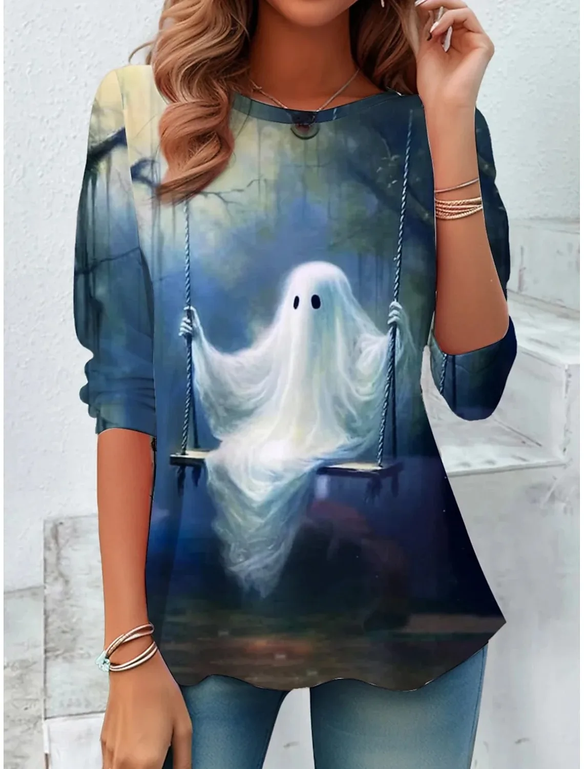 

Halloween retro ghost pattern 3D printed women's long sleeved T-shirt fashion autumn casual round neck regular holiday daily top