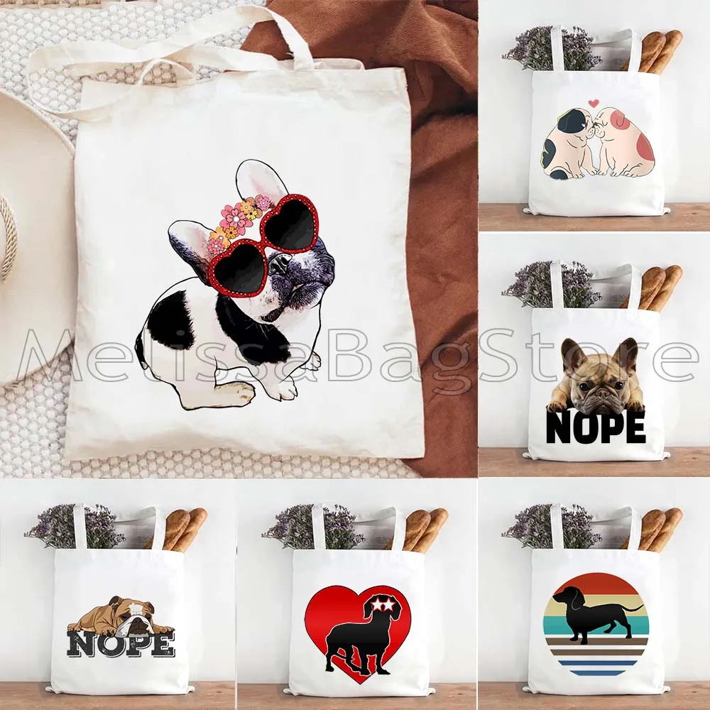 Funny Dachshund Dog Cute Heart English Bulldog Nope French Bulldog Gift Canvas Shoulder Tote Bag Cotton Shopper Shopping Handbag