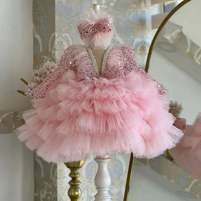Luxury Girls Big Bow Wedding Party Flower Girl Dresses Pink Long Tulle Baby Ceremony Evening Dress Summer 3-10 Y graduate Dress