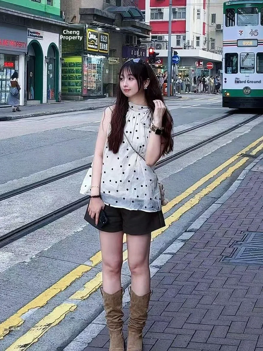 

Summer Casual Commute Polka Dot Vest Women's Fashion plus Size Belted Knot Slimming Top Korean Style Loose Fit