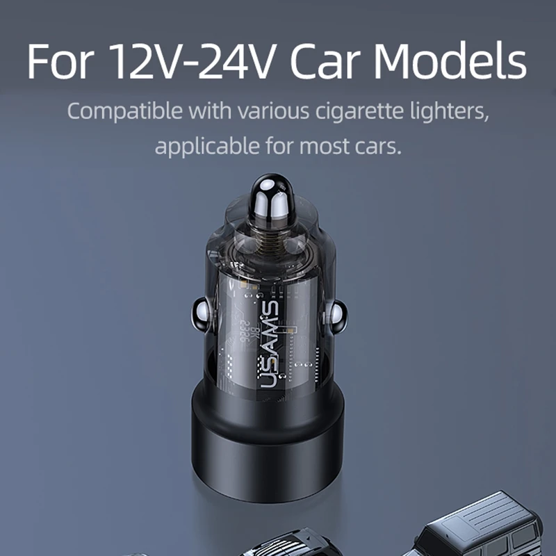 

USAMS US-CC208 C39 60 Вт USB + Type-C Двухпортовое быстрая зарядка Прозрачное автомобильное зарядное устройство из алюминиевого сплава (черное)
