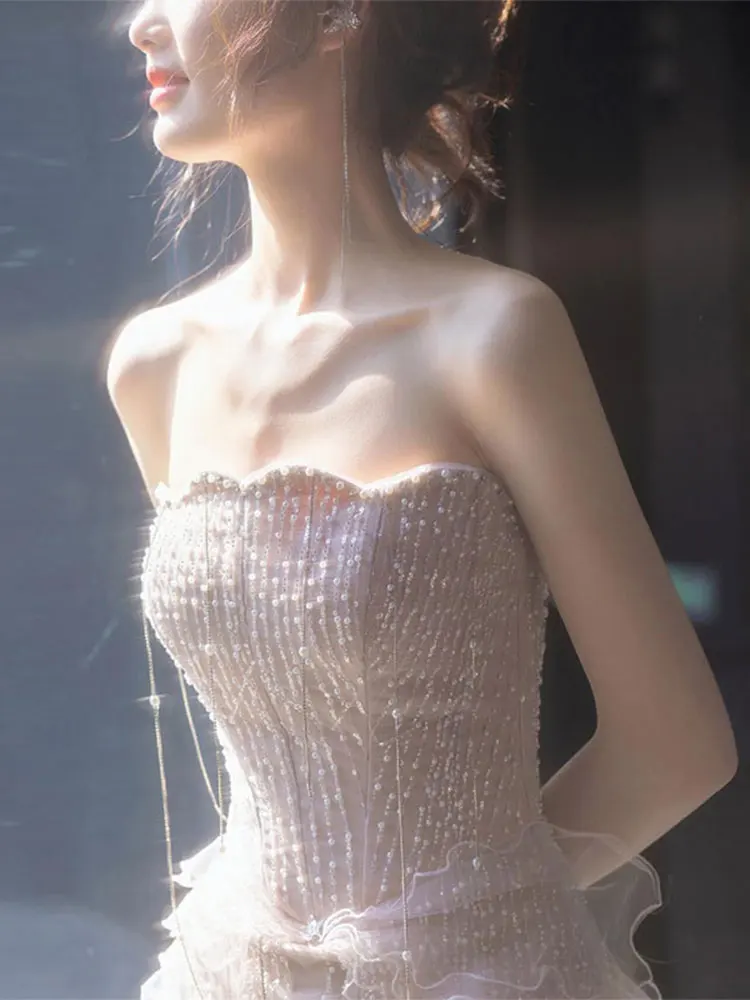 

off-Shoulder Evening Dress 2025 New Fishtail Toast Light Luxury High-End Heavy Work Banquet Tube Top Graduation
