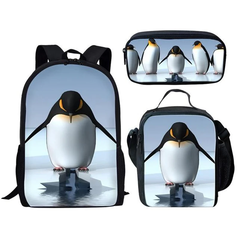 Funny Cute Penguin Backpack 3pcs Set Boys Girls School Student Bookbag Teenager Bookbag Daypack Lunch Bag Pencil Case Backpacks