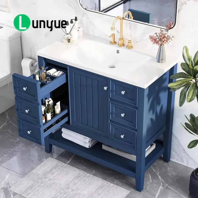 Modern Wood MDF Floor to Ceiling Bathroom Vanity with Single Basin Marble Top Durable Storage Cabinet for Contemporary Home