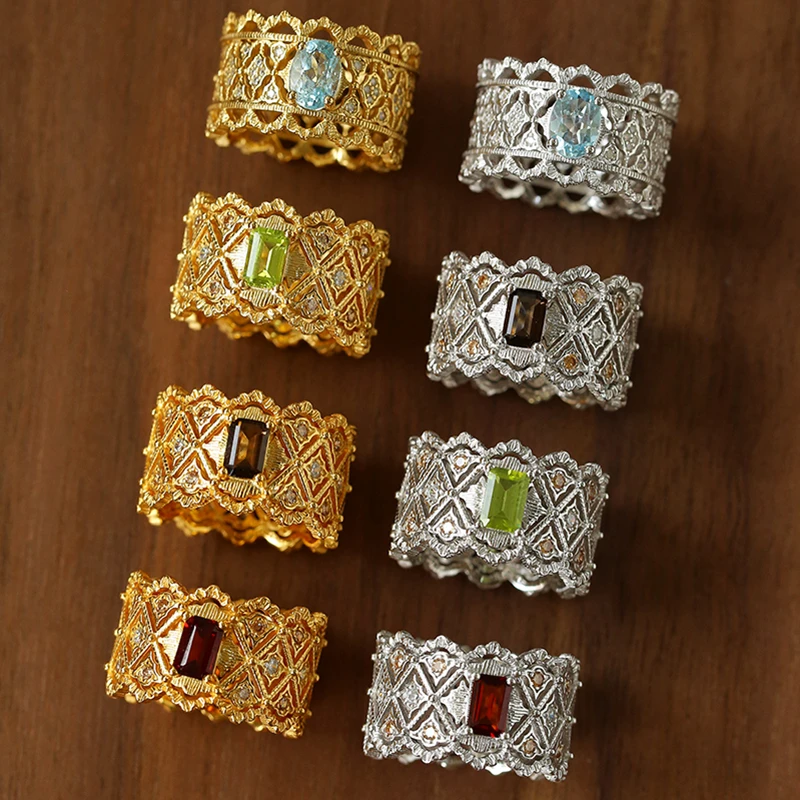 

Винтажное кружевное кольцо с драгоценными камнями для женщин, нишевый дизайн, широкий ремешок из стерлингового серебра 925 пробы