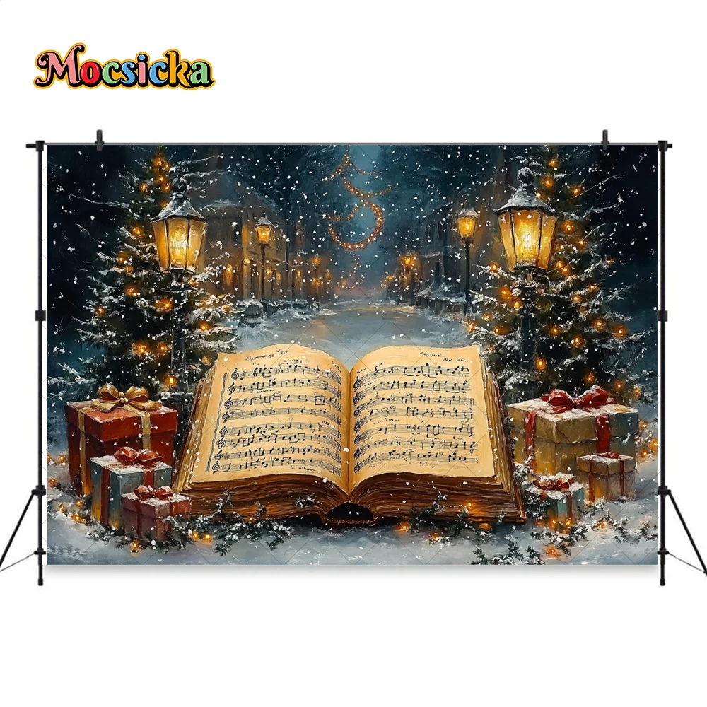 Christmas Eve Photography Background Street Streetlight Storybook Snowflake Backdrop Winter Xmas Tree Gift Photobooth for Kids