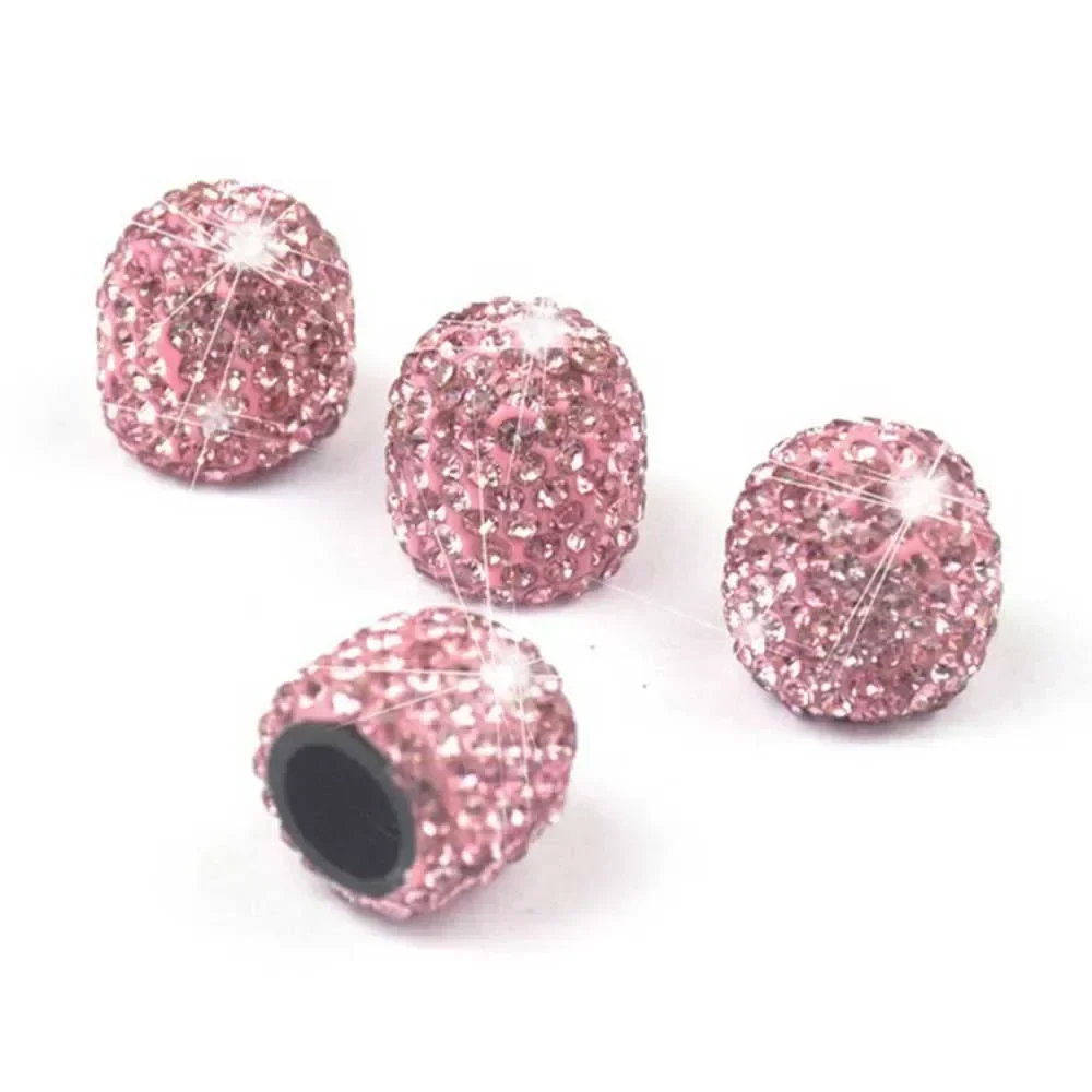 4pcs Universal Car Tire Air Sealing Cap Anti-Rust Dust-Proof Valve Cap Clay + Rhinestone Pink Tire Valve Stem Caps Sparkling