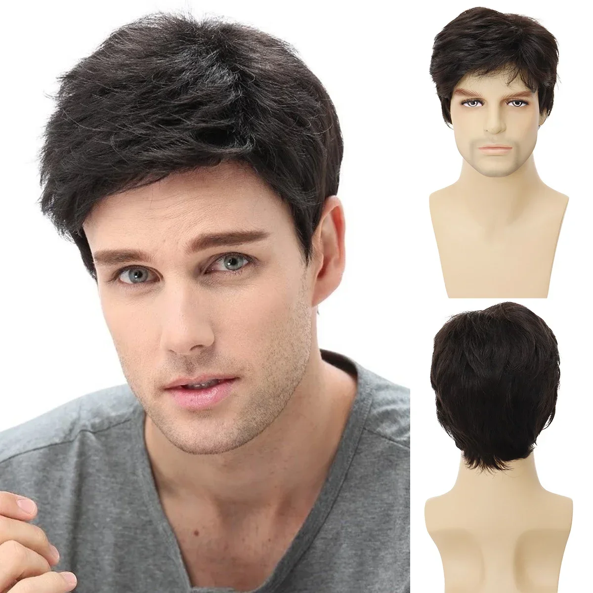 

GNIMEGIL Men Wigs Short Hair Synthetic Dark Brown Color Natural Wigs with Bangs Fashion Short Haircuts Male Wig Cosplay Daily