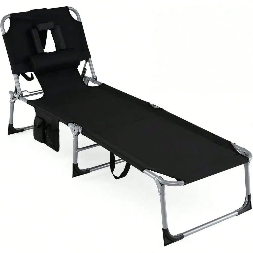 Chair With Face Hole, Folding Beach Lounge Chair With 4Position Adjustable Backrest, Pillow Side Pocket, Foldable Chaise Lounge