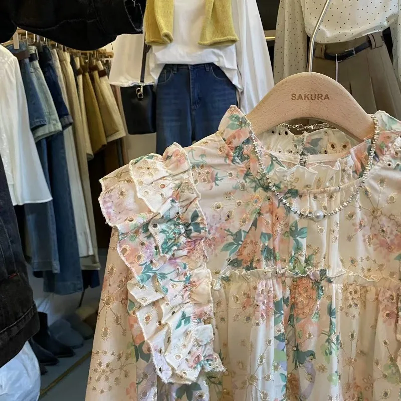 OCEANLOVE Print Floral Women Shirts&blouses Puff Sleeve Spring Summer Blusas Mujer Romantic Korean Fashion Sweet Camisas
