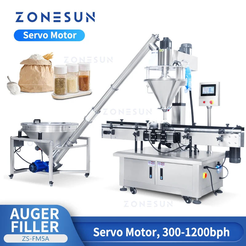 ZONESUN Automatic Auger Powder Filling Machine Servo Motor Bottles Jars Flour Milk Chili Cocoa Ground Coffee Packaging ZS-FM5A