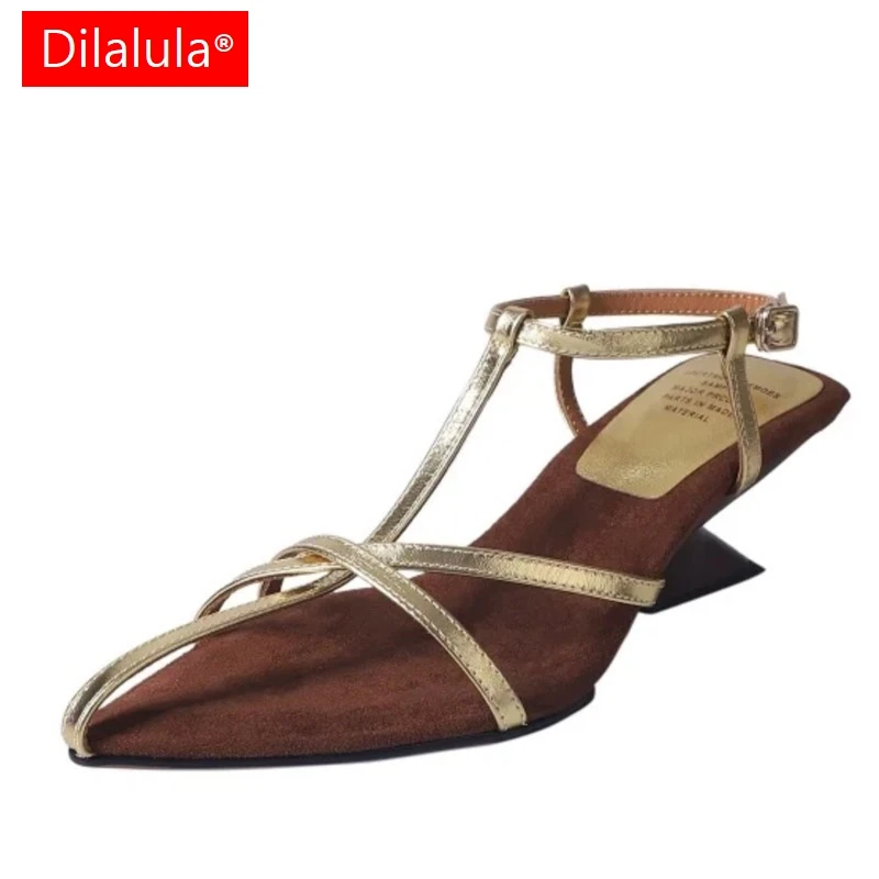 

Dilalula 2025 Sexy Genuine Leather Narrow Band Sandals Women Pointed Toe T-Strap Strange Heels Summer Party Shoes Female Dating