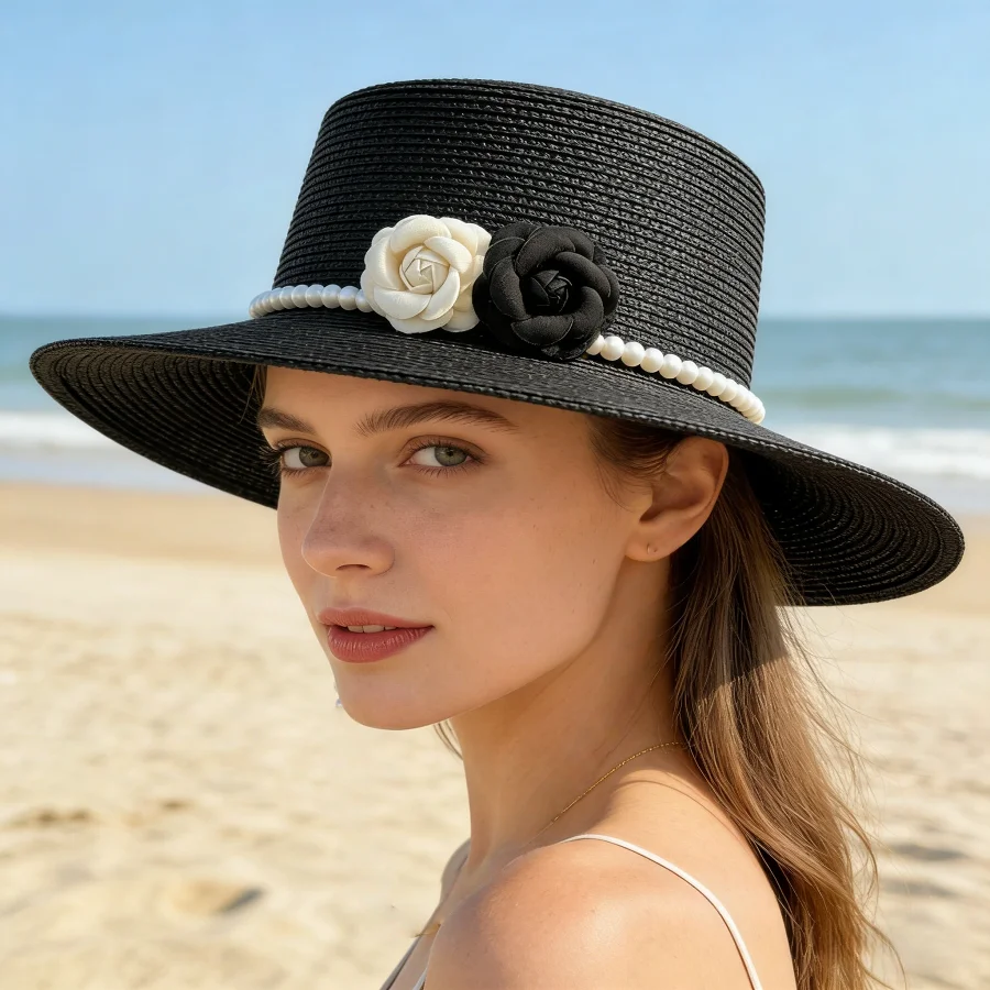 

French-Style Retro Camellia Straw Hat with Pearl Decoration, Makes the Face Look Smaller, Suitable for Beach Vacations and Other Activities Like Commuting and Shopping, Versatile Sun Protection Hat