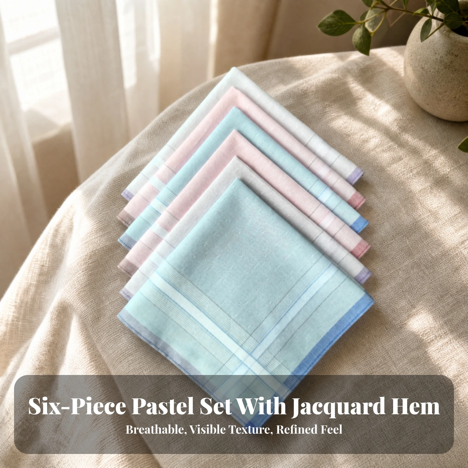 6 Pieces Small Square Handkerchief with Stitched Hems Classic Style Cotton Jacquard Handkerchief Handkerchiefs Lightweight