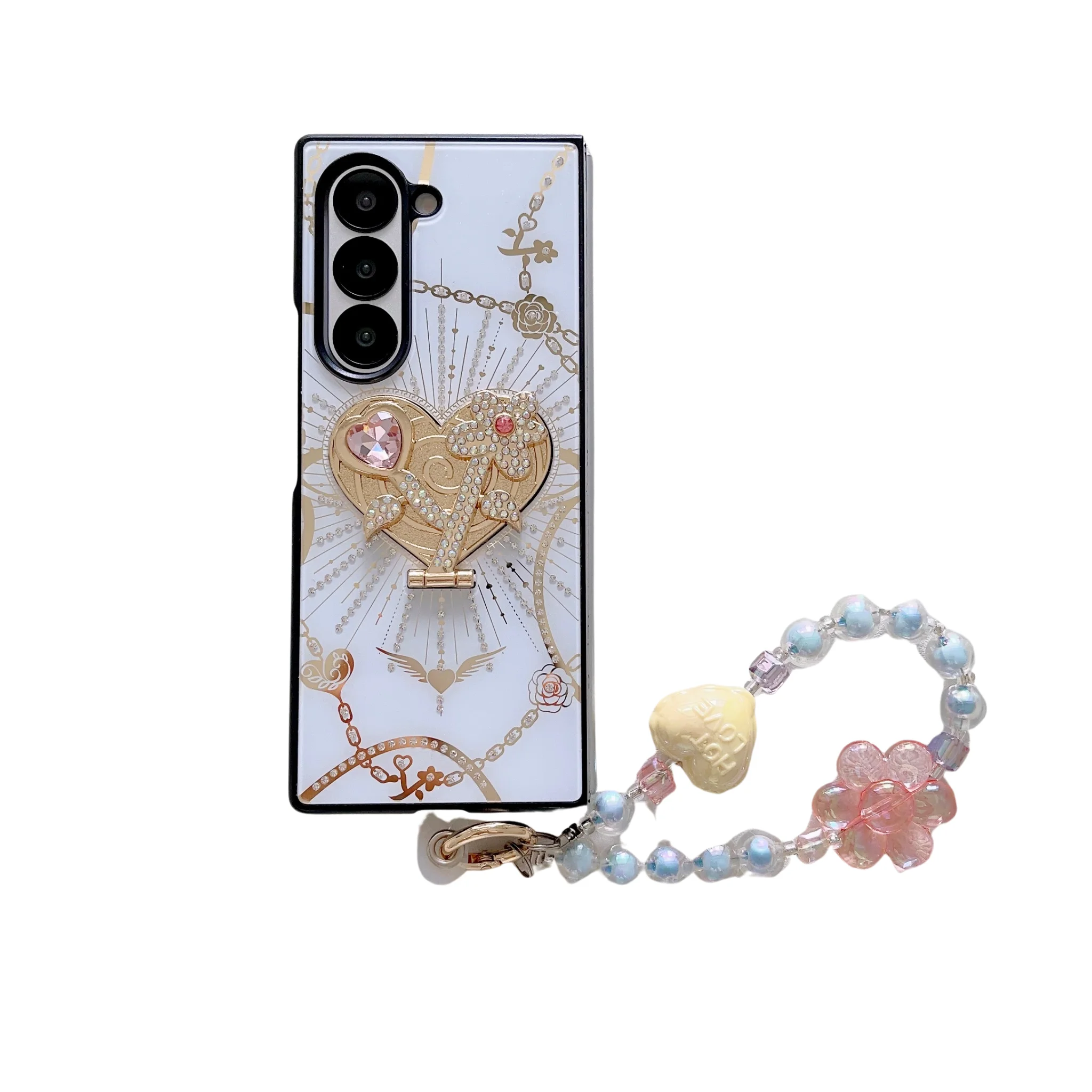 For Samsung Galaxy Z Fold 4 5 6 Luxury Shiny Glitter Rhinestone heart Holder Crystal Chain Strap Phone Case Cover image 4